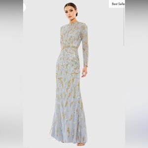 NWT Mac Duggal Platinum & Gold Long Sleeve Beaded 5124 Evening Gown 8